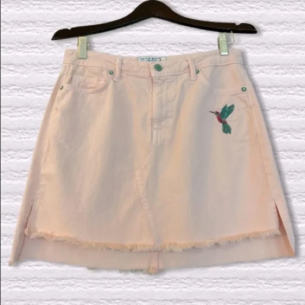 Sandrine Rose Light Pink Embroidered Denim Mini Skirt Hummingbird Size 28